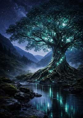Majestic Tree by a River Landscape