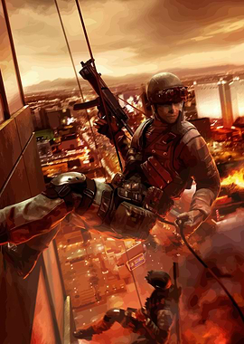 Soldiers rappelling in a burning city