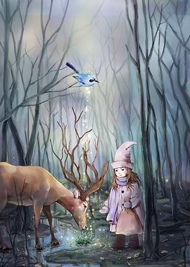 Original Small Fresh Illustration Lin Shen And Deer Illustration