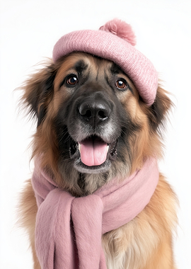 Cozy Leonberger dog Wearing Pink Hat and Scarf