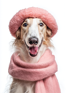 Cozy Borzoi Dog Wearing Pink Hat and Scarf
