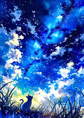 Cat Gazing at Starry Night Sky