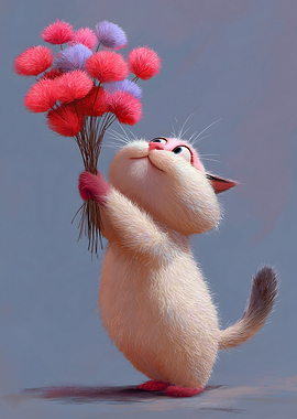 Cute Cat Holding Pink and Purple Pom-Poms