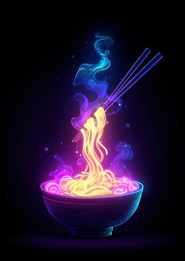 Neon Ramen Noodles with Chopsticks