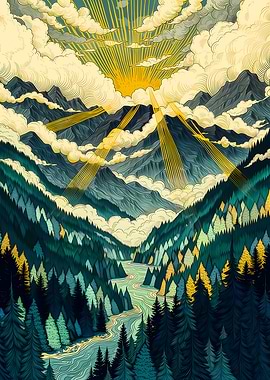 Sunbeams over a Mountain Valley