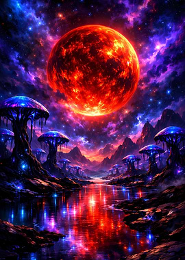 Alien Planet Landscape with Red Sun