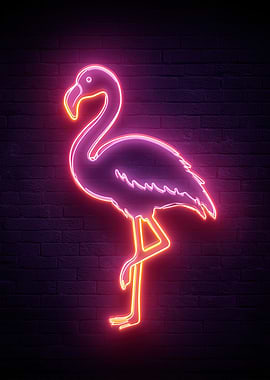 Neon Flamingo on Brick Wall