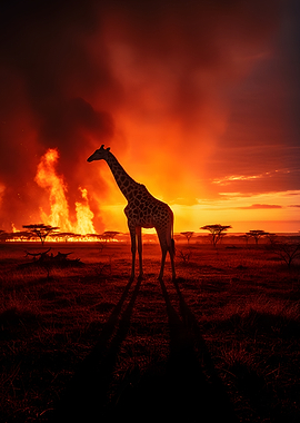Giraffe in African savanna fire