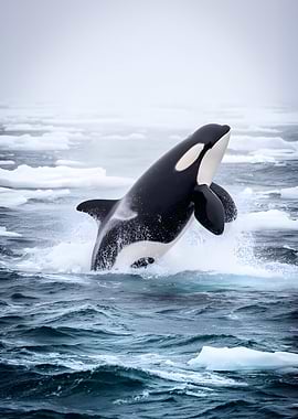 Orca whale breaching in icy waters