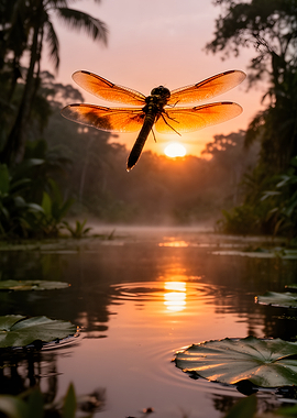 Dragonfly at Sunrise Over Water
