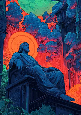 Jesus Statue with Fiery Sky