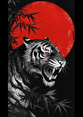 Fierce Tiger Roaring with Red Sun and Bamboo