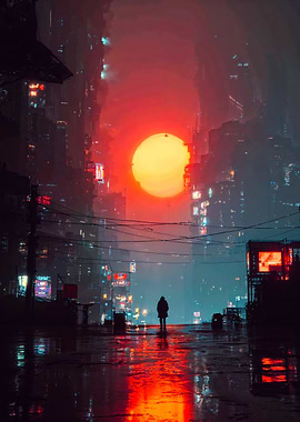 Cyberpunk City Sunset Lone Wanderer
