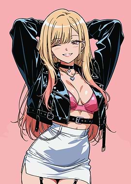 Marin anime Girl in Leather Jacket and Skirt