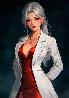Anime Doctor in Red Dress and Lab Coat