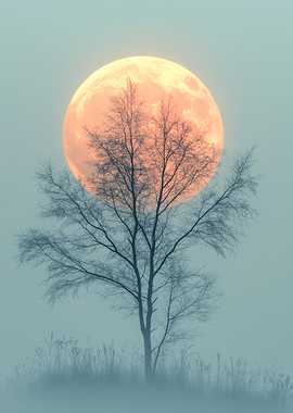 Bare Tree Against Orange Moon