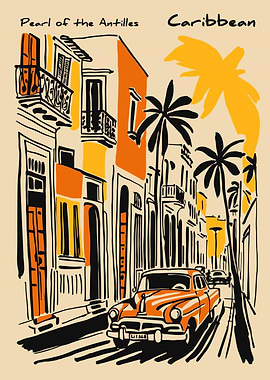 Retro Caribbean Street Scene with Vintage Car