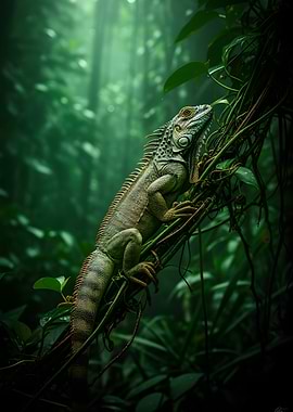 Iguana in a Misty Jungle