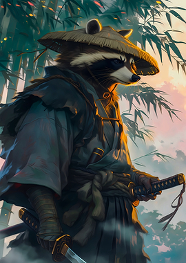 Raccoon Samurai in Bamboo Forest