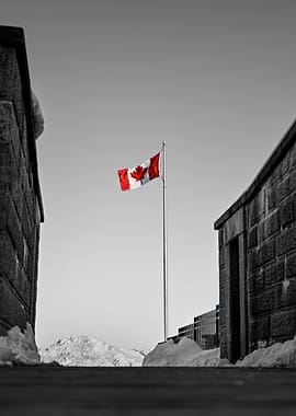 Canadian Flag in Snowy Landscape