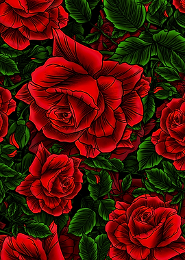 Vibrant Red Roses and Green Leaves Pattern