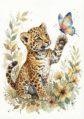 Baby Leopard and Butterfly Watercolor