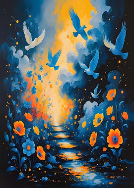 Birds Flying Over Floral Path