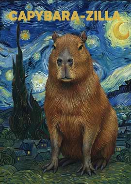 Capybara-Zilla in Starry Night Style