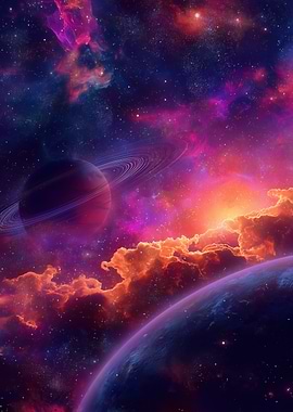 Cosmic Nebula with Planets and Rings