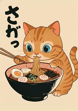 Cute Cat Eating Ramen