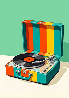 Portable Record Player Art - Retro 70s Turntable Poster - Vintage Vinyl Music Lover Wall Decor