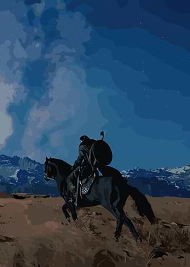 Warrior on horseback under starry sky