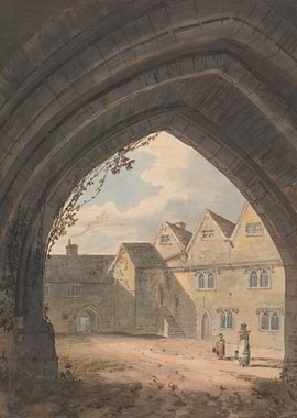 Courtyard of an old building with figures