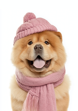 Cozy Chow Chow Dog Wearing Pink Winter Hat and Scarf