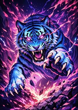 Aggressive Blue Tiger with Glowing Eyes