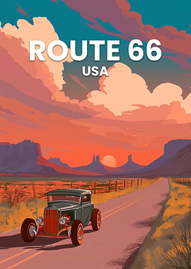 Route 66 Vintage Car Sunset Landscape