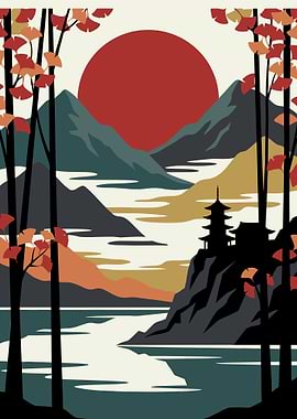 Japanese Landscape with Pagoda and Sun