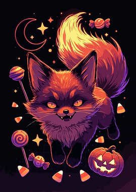 Halloween Fox with Candy and Pumpkin
