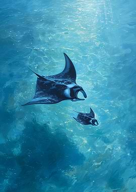 Manta Rays Swimming in Blue Ocean