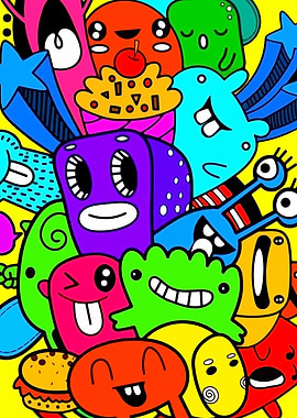 Vibrant Doodle Monsters and Food