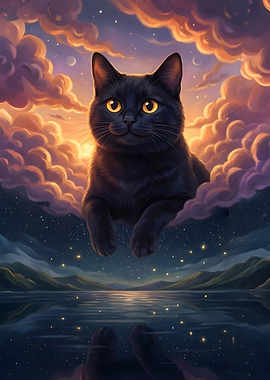 Black Cat in Dreamy Sky