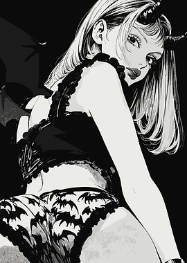 Anime Devil Girl with Bat Pattern