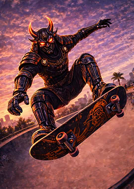 Samurai Skater in Sunset Cityscape - Neon Ronin Poster (Cyber Samurai Edition)