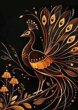 Golden Peacock with Floral Accents