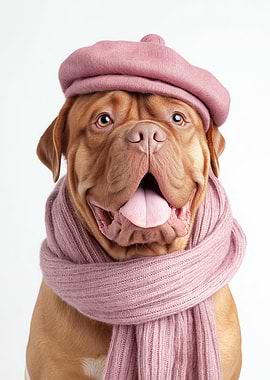 Cozy Dogues de Bordeaux Dog Wearing Pink Beret and Scarf
