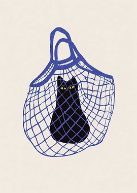 Black Cat in a Blue Net Bag