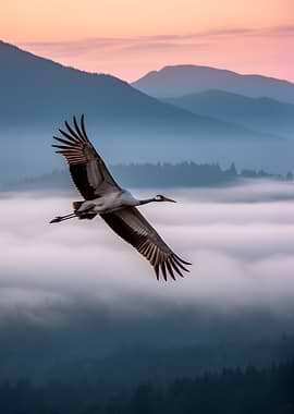 Crane flying over misty mountains