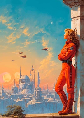 Woman in orange jumpsuit overlooking alien city