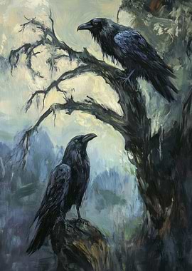 Two Mystical Ravens in a Moody Landscape