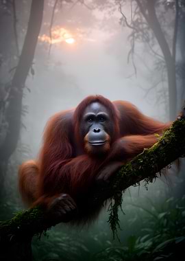 Orangutan in Misty Rainforest